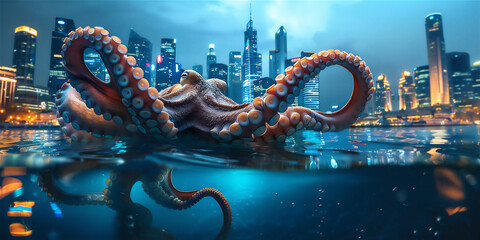 Giant Monster Octopus underwater of the sea with city background above it at  blue midnight