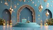 Exquisite 3d rendering: arabian lantern podium & islamic celebration decor with space for text – festive ramadan background