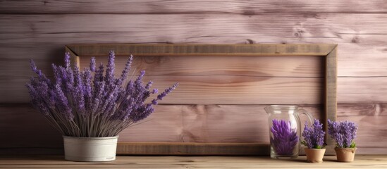 Wall Mural - A bouquet of purple flowers in a flowerpot on a wooden table with a hardwood frame, adding a touch of violet to the room. Perfect for any event