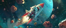A Cartoon Puppy In A Tiny Rocket Circling Around A Bone-shaped Asteroid Belt