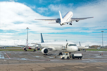 Wall Mural - Jet passenger aircraft is waiting airport. Blue clouds sky summer air. Commercial airplane take off climb high