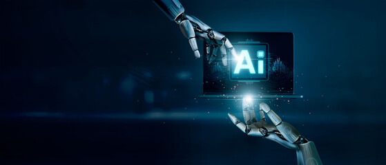 Fototapete - AI, Machine learning, Advances in AI technology that will change human society in the future, including lifestyle and business. Robot hands touch big data on global network. Artificial intelligence.