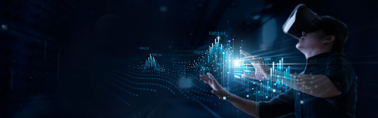 Aufkleber - .Virtual reality, VR, Business analysis of graph growth on data virtual reality global network, Ai software. Planning and strategy for Digital transformation of future, Metaverse technology.