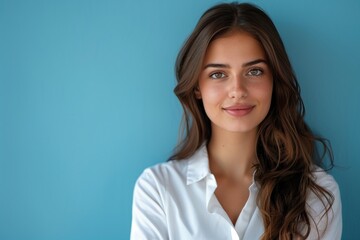 Confident young woman with wavy hair in a white blouse against a blue background, embodying professionalism and calm confidence, Concept of corporate elegance and poise