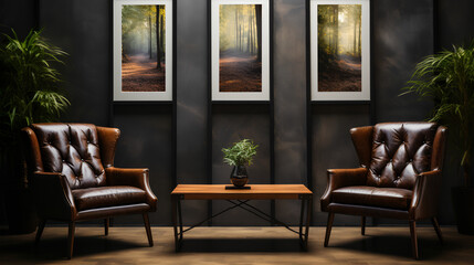 Wall Mural - Living room - brick wall - leather furniture - stylish artwork - meticulous symmetry - perfectly entered composition 