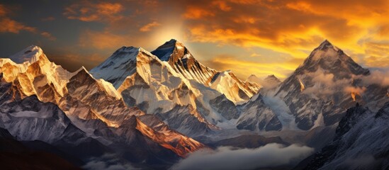 Poster - A stunning art piece capturing a natural landscape of mountain range at sunset, with the sun shining through cumulus clouds in the sky