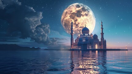 Wall Mural - majestic mosque silhouetted against the moon: ramadan kareem illustration with reflective waters - 3