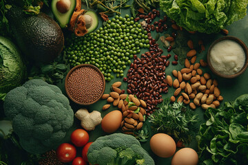 Wall Mural - Various healthy foods arranged on a green surface vegetables, nuts, eggs, beans, and more