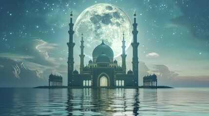 Wall Mural - majestic mosque silhouetted against the moon: ramadan kareem illustration with reflective waters - 3