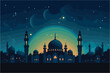 Mosque in night, Tall towers with decorative boarders with a colored background, Silhouette of a mosques