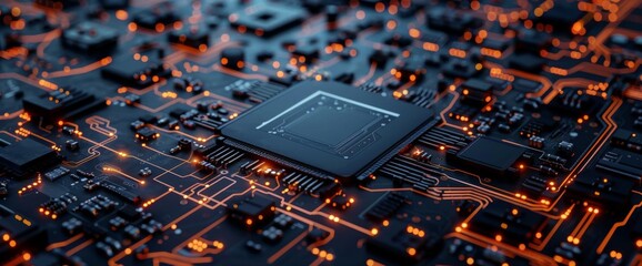 3d rendering of circuit board background with closeup view on chip and baseboard