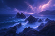 Stormy ocean, seascape with thunder and lightning