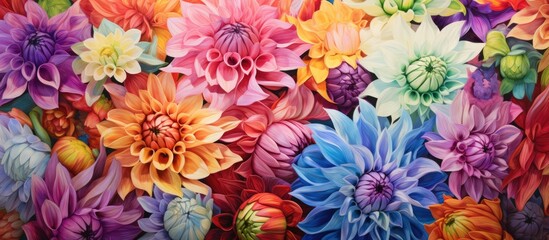  A detailed closeup of a vibrant painting featuring a cluster of colorful flowers, showcasing intricate details of each petal and the artists creative interpretation of nature