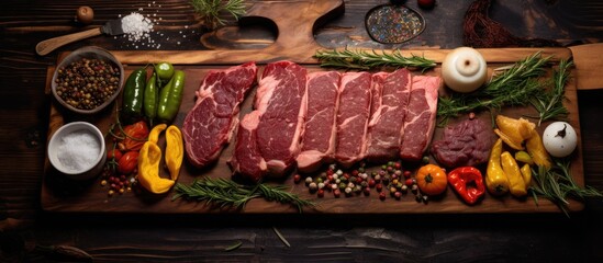 Poster - A variety of ingredients, including red meat and vegetables, are displayed on a wooden cutting board. This spread hints at a delicious cuisine or recipe in the making