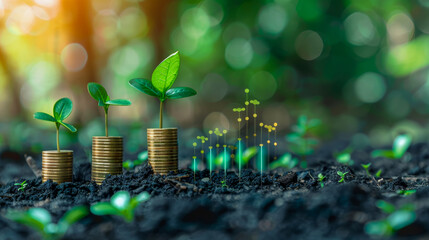 Seedlings and coins combined with digital elements which is a symbol of sustainable investment Capture the essence of green finance and future growth with this captivating image.