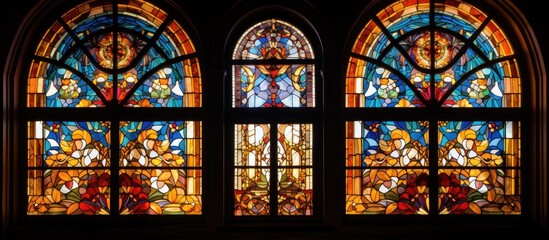 Sticker - A close up of a stained glass window in a church, showcasing intricate artistry, vibrant tints and shades, and mesmerizing symmetry in medieval architecture