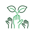 eco volunteering icon with open hands and leaves, vector thin line illustration for environmental activism, community service, and green initiatives