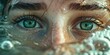 Close-up of womans face with blue eyes in water