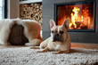 a French bulldog on the carpet in front of the fireplace .AI generative