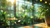 Fototapeta Do akwarium - Blurred background of a sustainable office space with ample natural light and a backdrop of green trees photograph, tree forest in the morning, palm tree leaves, glass of water on the table, wooden br