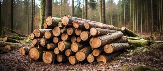 Wall Mural - A stack of logs left in the forest after logging, representing a natural material harvested from trees. These trunks are a common sight in terrestrial plant biomes