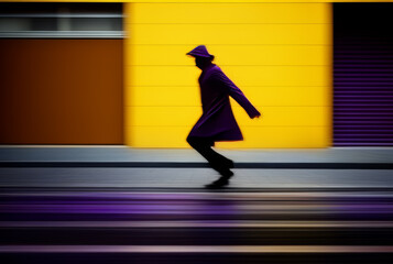 Wall Mural - Silhouette of a man in a purple coat and hat walking on the street