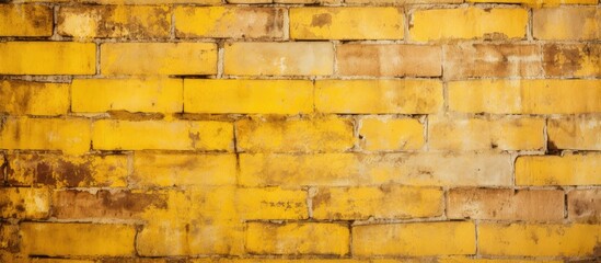 Poster - A close up of a brown rectangular brick wall with amber, wood, orange, yellow, and beige tints and shades. The bricks are parallel with a font texture