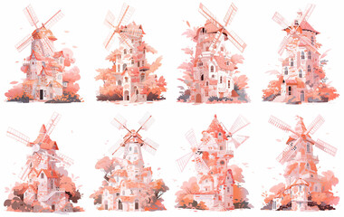 Canvas Print - Set of stone mill, red and white spring concept illustration