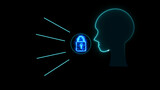 Fototapeta Kosmos - a neon blue human head outline with a glowing lock symbol inside, representing concepts like mental privacy or security. Beams of light emanate from the lock, activation or alertness.