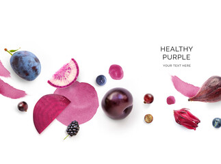 Wall Mural - Creative layout made of plump, beetroot, blackberry, blueberry, fig on the white background with watercolor spots. Flat lay. Macro concept of purple vegetables and fruits.