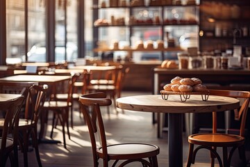 Sticker - Coffee shop interior with wooden tables and chairs.