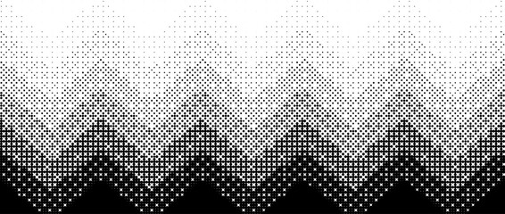 Poster - Pixelated zig zag line gradient texture. Black dithered gradation background. Retro bitmap video game wallpaper. Vintage pixel halftone 8 bit overlay print. Vector zigzag striped fading backdrop