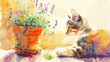 Kitten nibbling on a plant in a pot. Herb  near window. Banner
