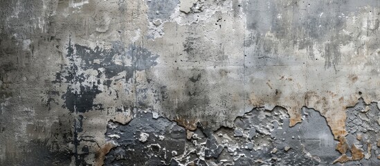 Poster - A detailed shot of a city buildings concrete wall during winter, revealing a peeling paint pattern that resembles urban design art