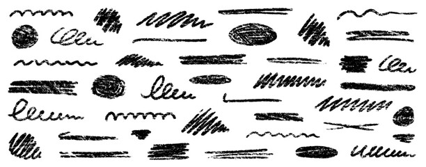 Aufkleber - Chalk brush underline stroke set. Crayon marker highlight scribble stroke. Vector hand drawn brush underline element set for accent, crayon texture emphasis element. Rough chalk vector illustration