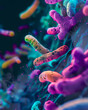 Close-up of vibrant microbes under a microscope