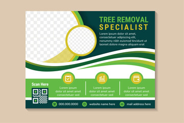 Poster - tree removal specialist banner design. Agricultural and farming services web social media post lawn gardening template design. horizontal layout with space for photo. green and yellow element.