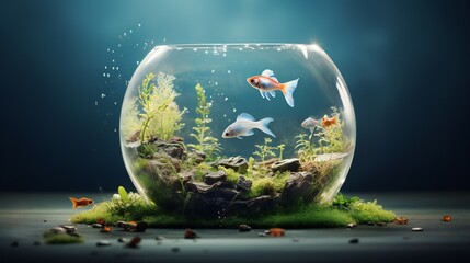 Canvas Print - Mesmerizing aesthetics in a fishbowl collage, expertly combining realistic and fantastical elements, with dreamy lighting against a clean background.