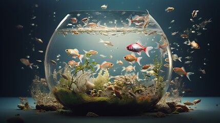 Mesmerizing aesthetics in a fishbowl collage, expertly combining realistic and fantastical elements, with dreamy lighting against a clean background.