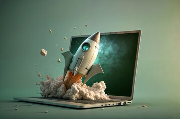 Wall Mural - rocket flying out of a laptop screen.