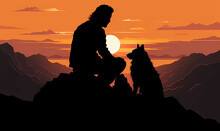 A Silhouette Of An Attractive Man With Long Hair Sitting On Top Of The Mountain, Playing With And Petting His Dog At Sunset