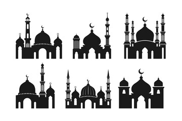 Wall Mural - Set of vector Mosque silhouette element on white background