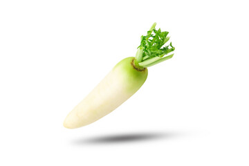 Flying white Korean radish with shadow isolated on the white background.