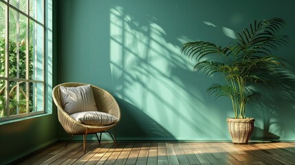 Poster - Modern white chairs contrast with dark green walls and a copy space. Interior design of modern living room