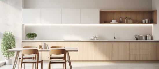 Minimalist kitchen design with wood and white elements, blurred background .