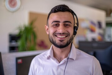 Portrait of young successful arab businessman, man with headset phone for video call smiling and looking at camera, employee senior customer service manager at workplace inside office, Generative AI