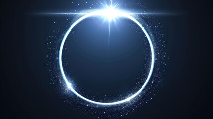 An illustrative modern illustration of a white neon glowing circle, showing a light lens flare effect with a bright sparkle and streak. The circle is highlighted by a shining glare ring with a ray