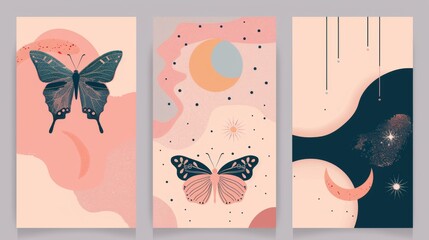 Poster - Modern template set of minimal banner / cover design layout with simple line frame and shape, sparkle, and moon stickers. Modern set of minimal banner / cover design layout.