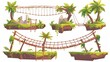 Modern illustration of wooden suspension footbridges with green lianas and palm trees. Path between rock edges, jungle game UI design elements...