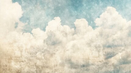  White clouds on a light blue background. The sky is filled with an airy and fluffy cloud. Grunge texture, aged background
